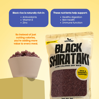 Wonder Black Shirataki Rice | Low Calorie Rice Alternative | Antioxidant-Rich | High Fiber | Gluten-Free | Vegan | Skin & Immune Support | Diet-Friendly Smart Rice