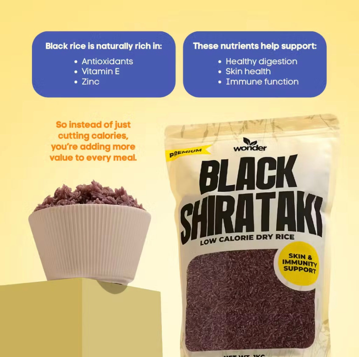 [Bundle of 2] Wonder Black Shirataki Rice 1kg | Wonder Dry Shirataki Rice 500g | High Fiber
