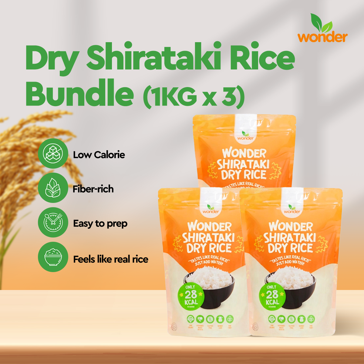 [Bundle of 3] Wonder Health Dry Shirataki Rice in 1KG | Low Carb, Source of Fiber, Rice Alternative