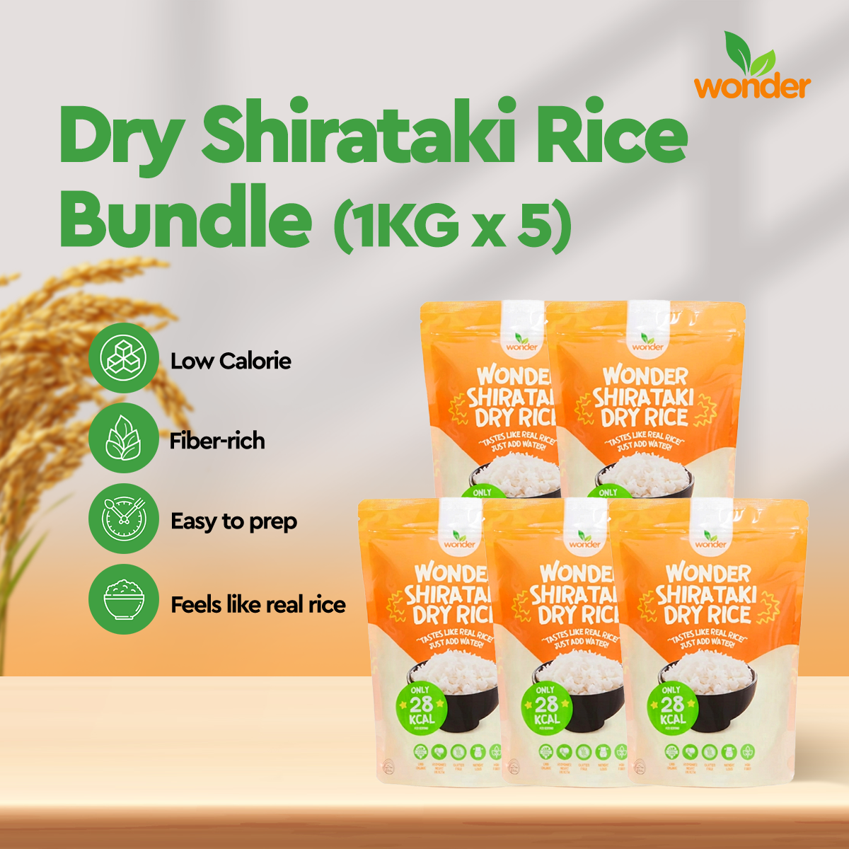 [Bundle of 5] Wonder Health Dry Shirataki Rice in 1KG | Low Carb, Source of Fiber, Rice Alternative